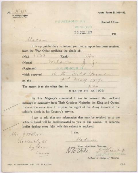The letter, Army form B104-82, informing Trooper Wilson's mother of his death.